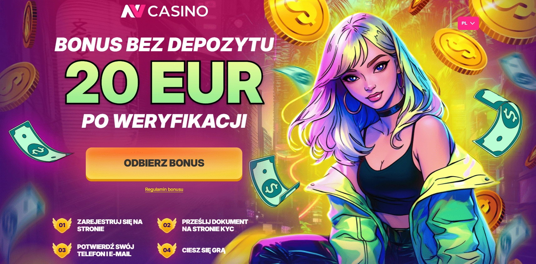 NV Casino bonus: Bonus gotówkowy 80 PLN tylko za rejestrację i weryfikację